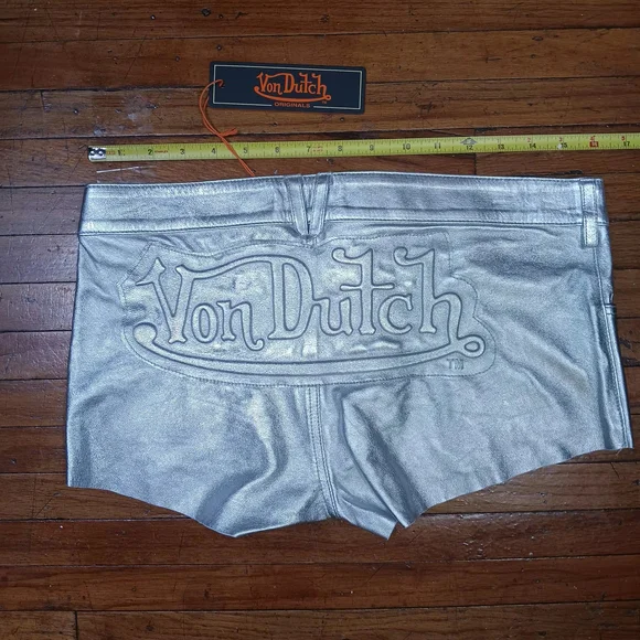 Von Dutch Silver Leather Metallic Women's Bike Shorts - Picture 1 of 5